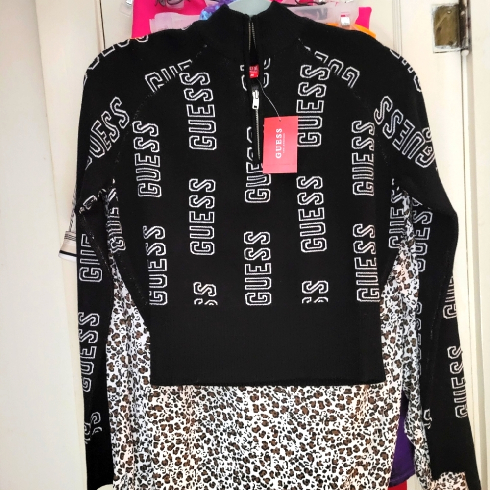 Guess LS KALLY Sweater 1/2 zip size med new with tag jet black / white